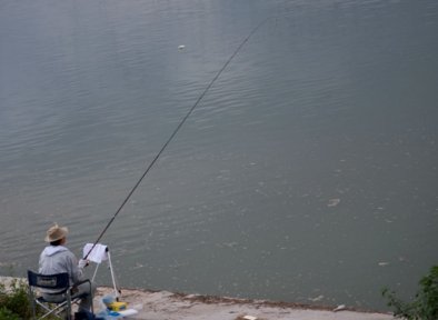 岸辺で釣りを楽しむ